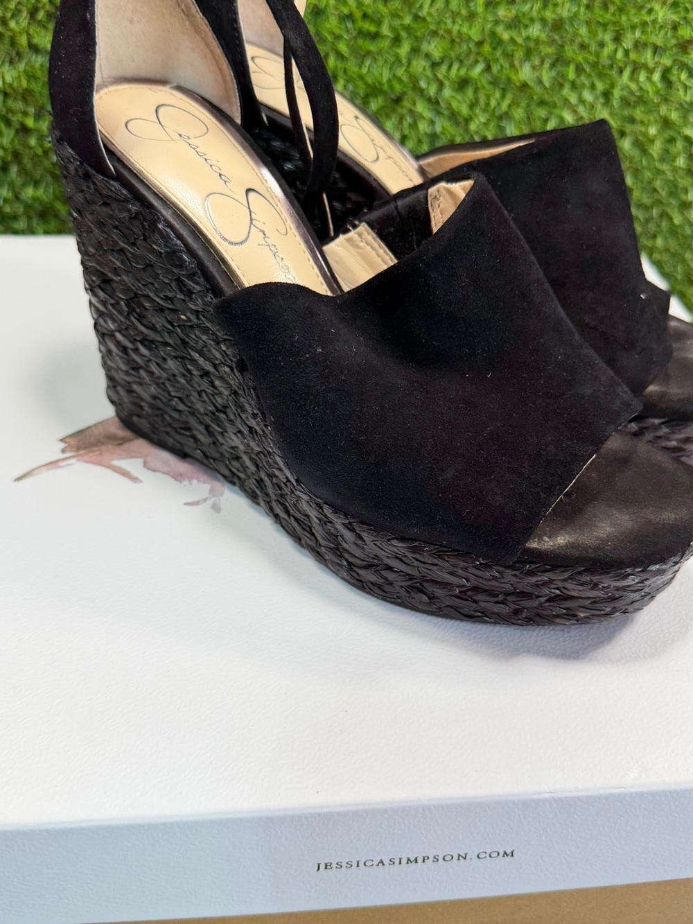 Jessica Simpson Suella Black Suede Espadrille Platform Wedge Sandals Shoes Box 6
